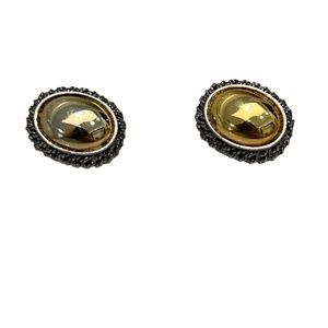 VINTAGE PREMIER USA DOMED MIRRORED GOLD TONE W SILVER TONE TWISTS OVAL EARRINGS
